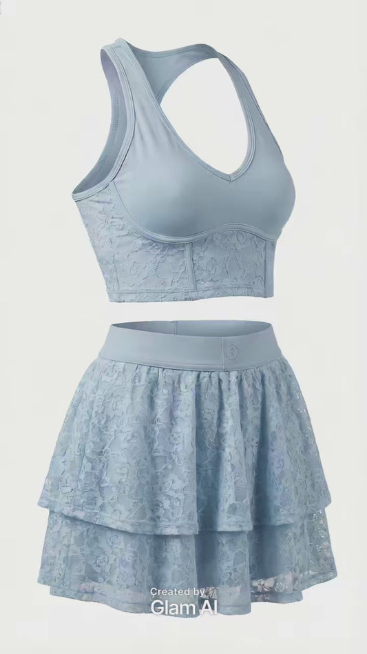 Powder Blue Lace Performance Set Women’s Tennis, Padel & Pickleball Outfit